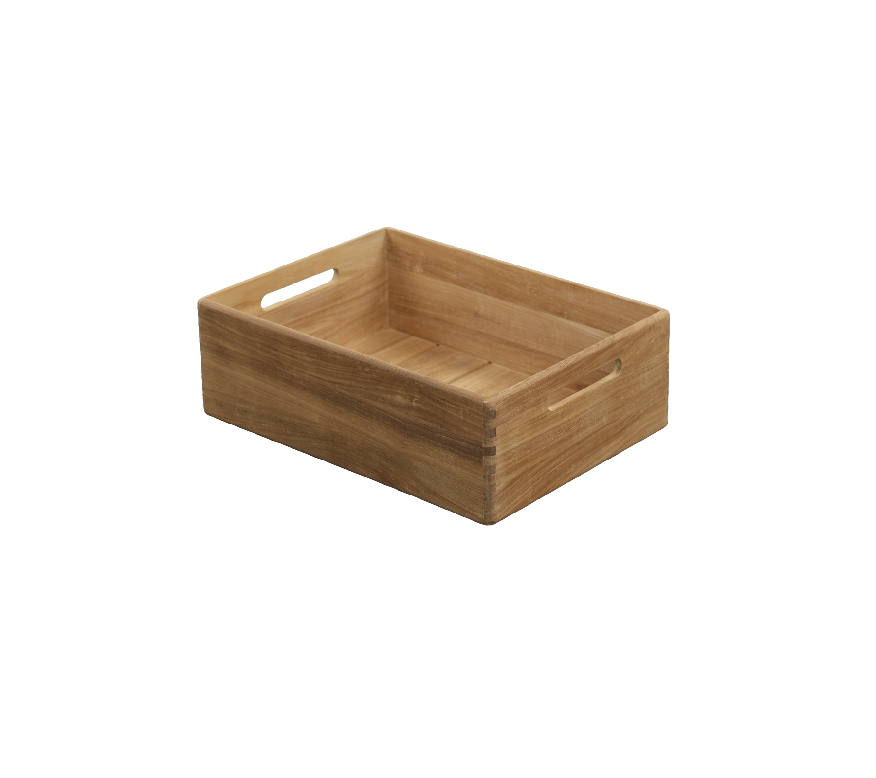 Plateau en teck avec des poignées intégrées, présentant un design simple et fonctionnel.