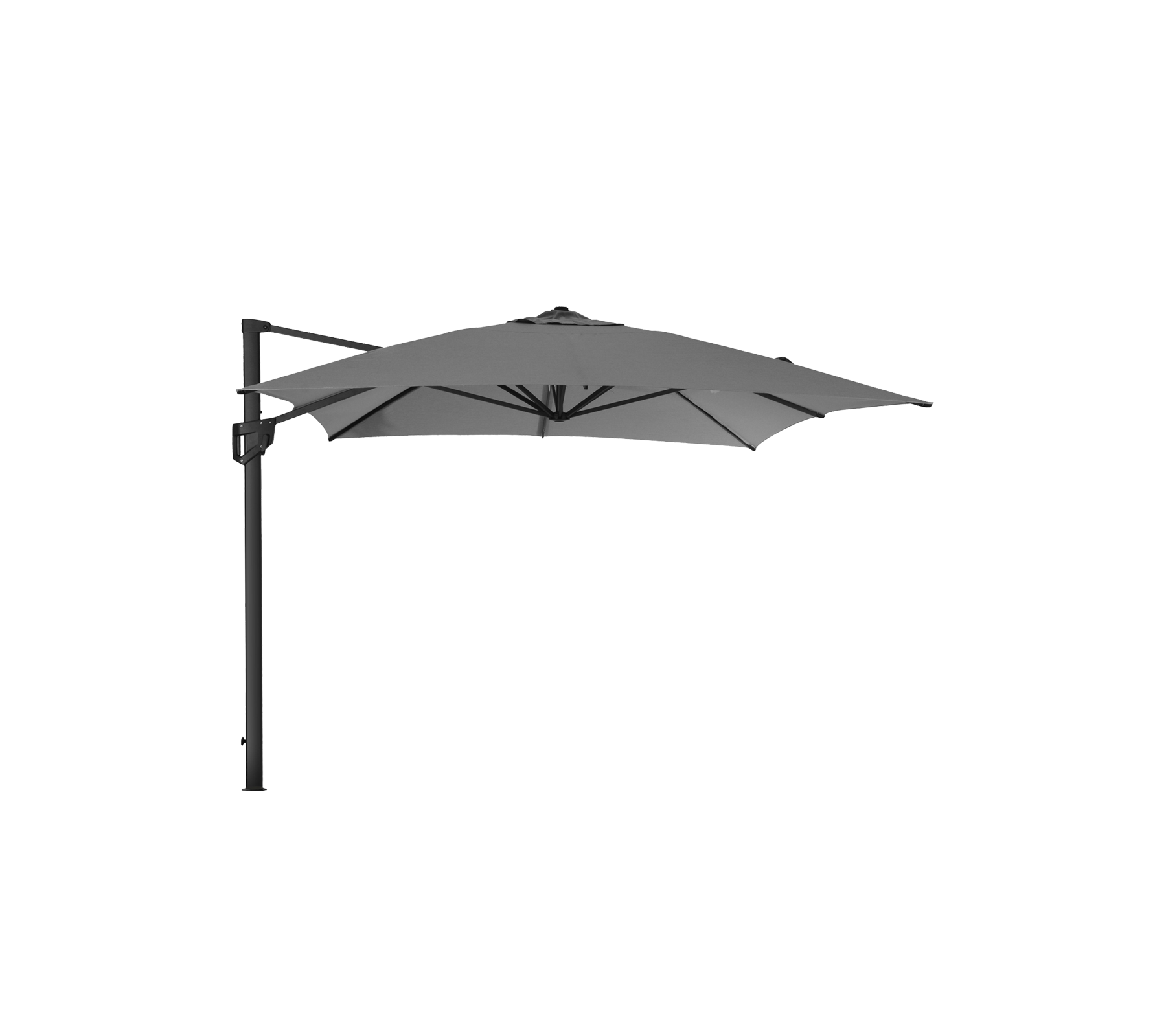 Un parasol déporté avec un auvent sombre, offrant de l'ombre et du soutien grâce à un poteau vertical. Idéal pour les espaces extérieurs.