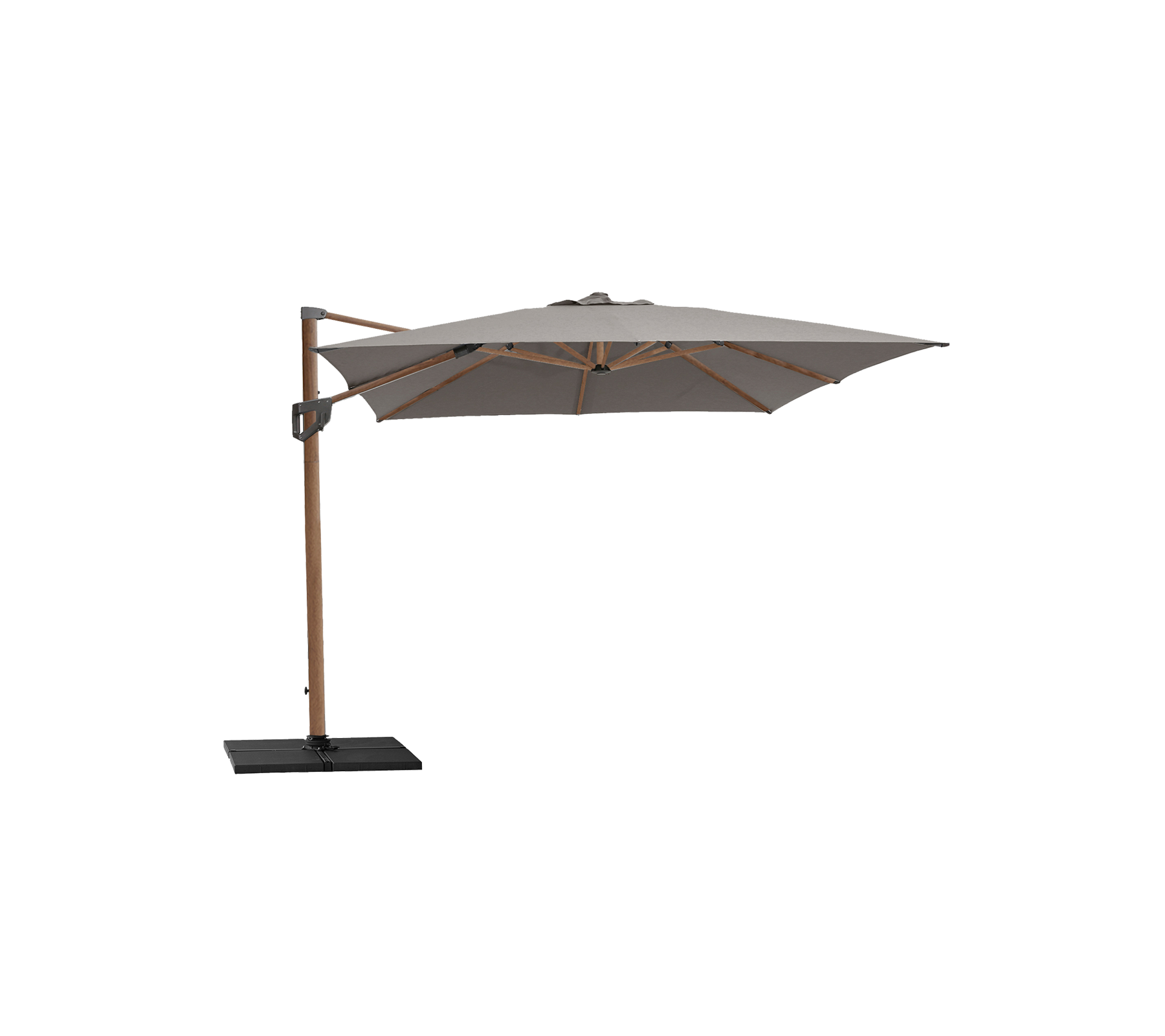 Parasol élégant avec un toit beige et une structure en bois, soutenue par une solide base noire, parfaite pour créer de l'ombre et enrichir les espaces extérieurs.