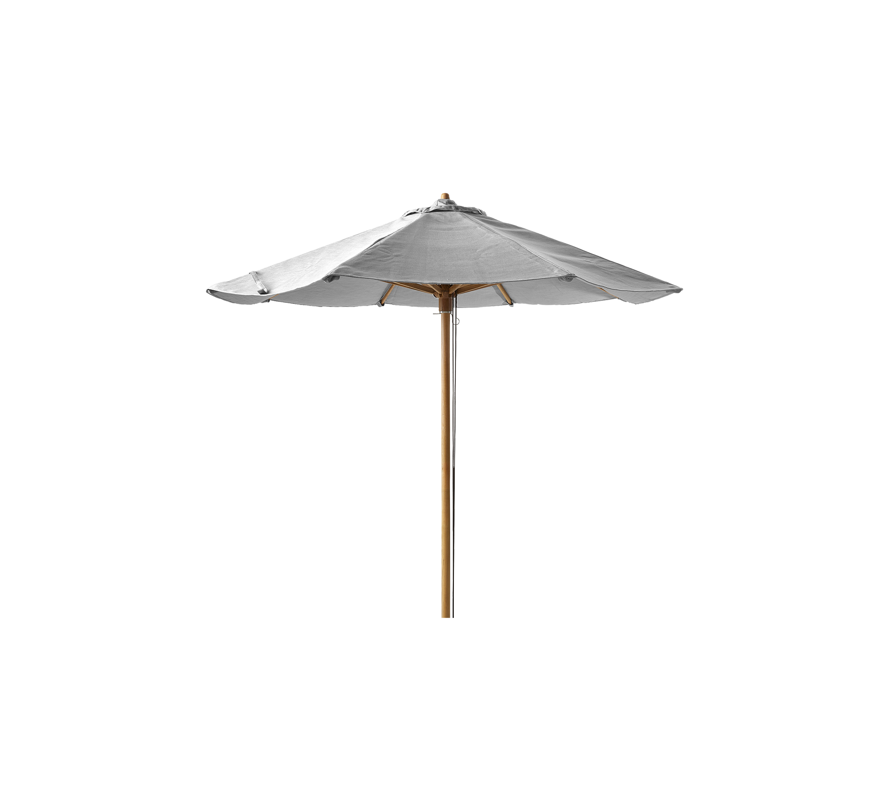 Un parapluie élégant et blanc avec un mât en bois, conçu pour offrir de l'ombre et améliorer les espaces extérieurs.