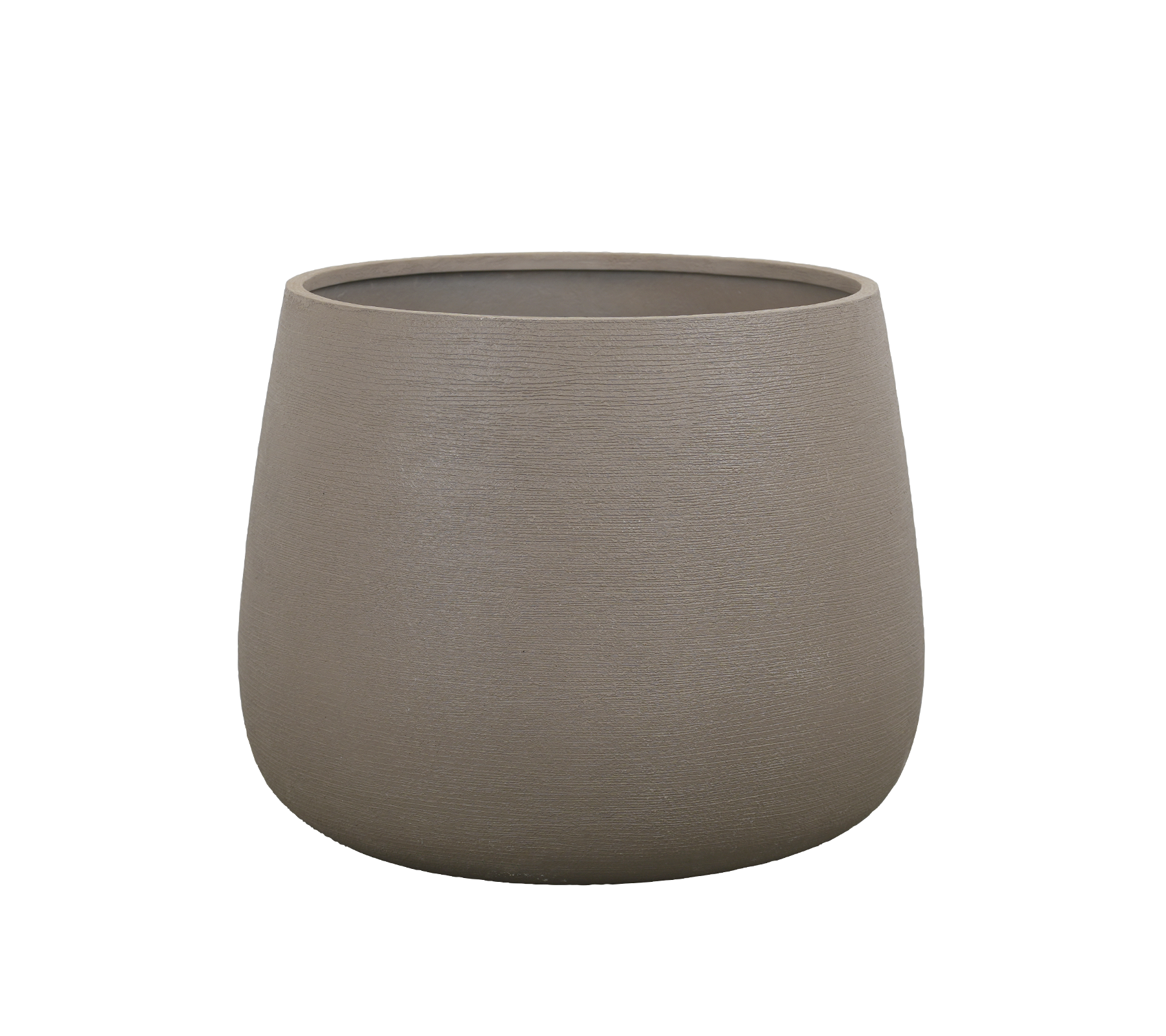 Vase ronde taupe avec une finition lisse.