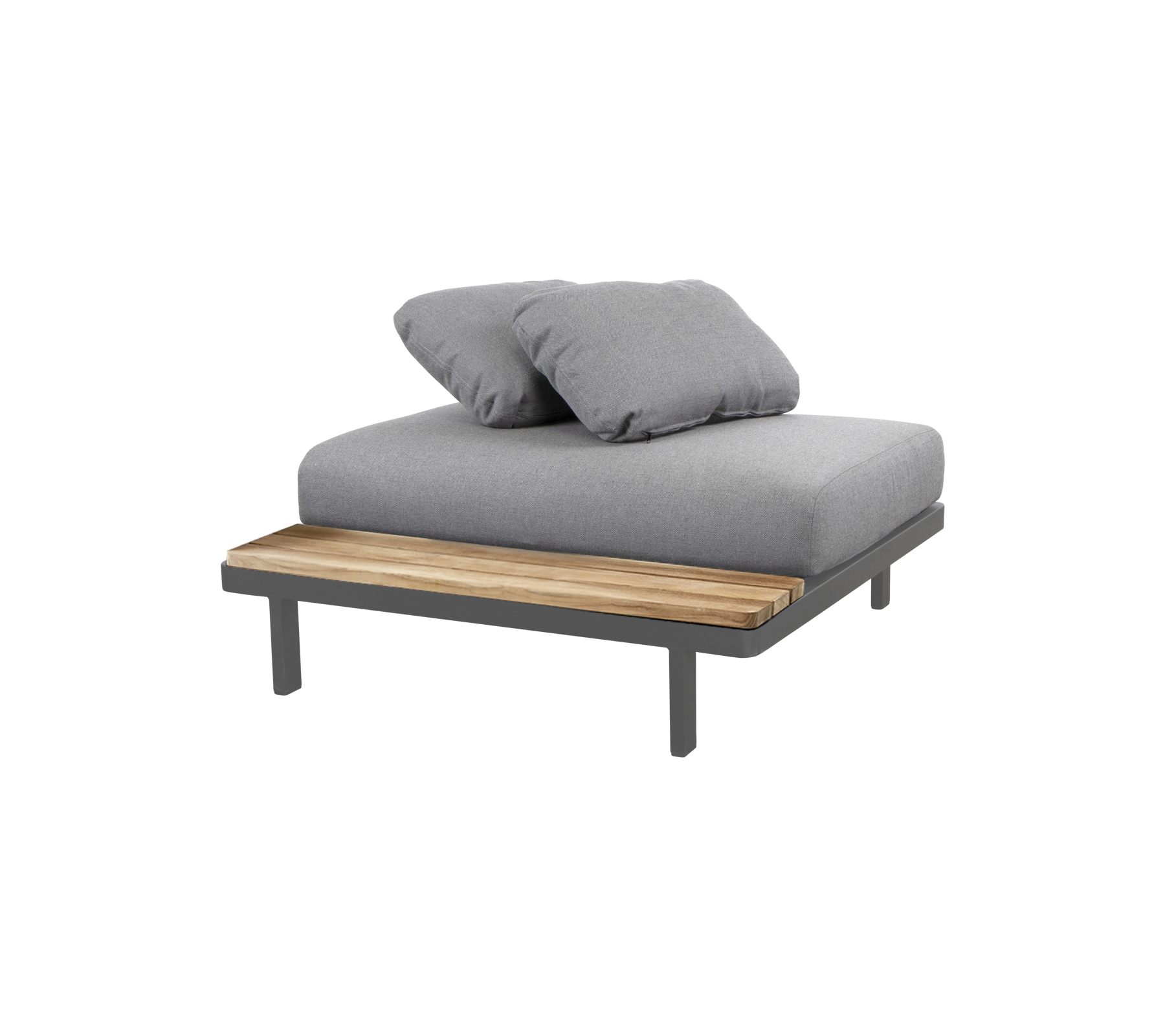 Des sièges de salon élégants avec une surface grise rembourrée et un accent en bois, parfaits pour la détente et le confort.