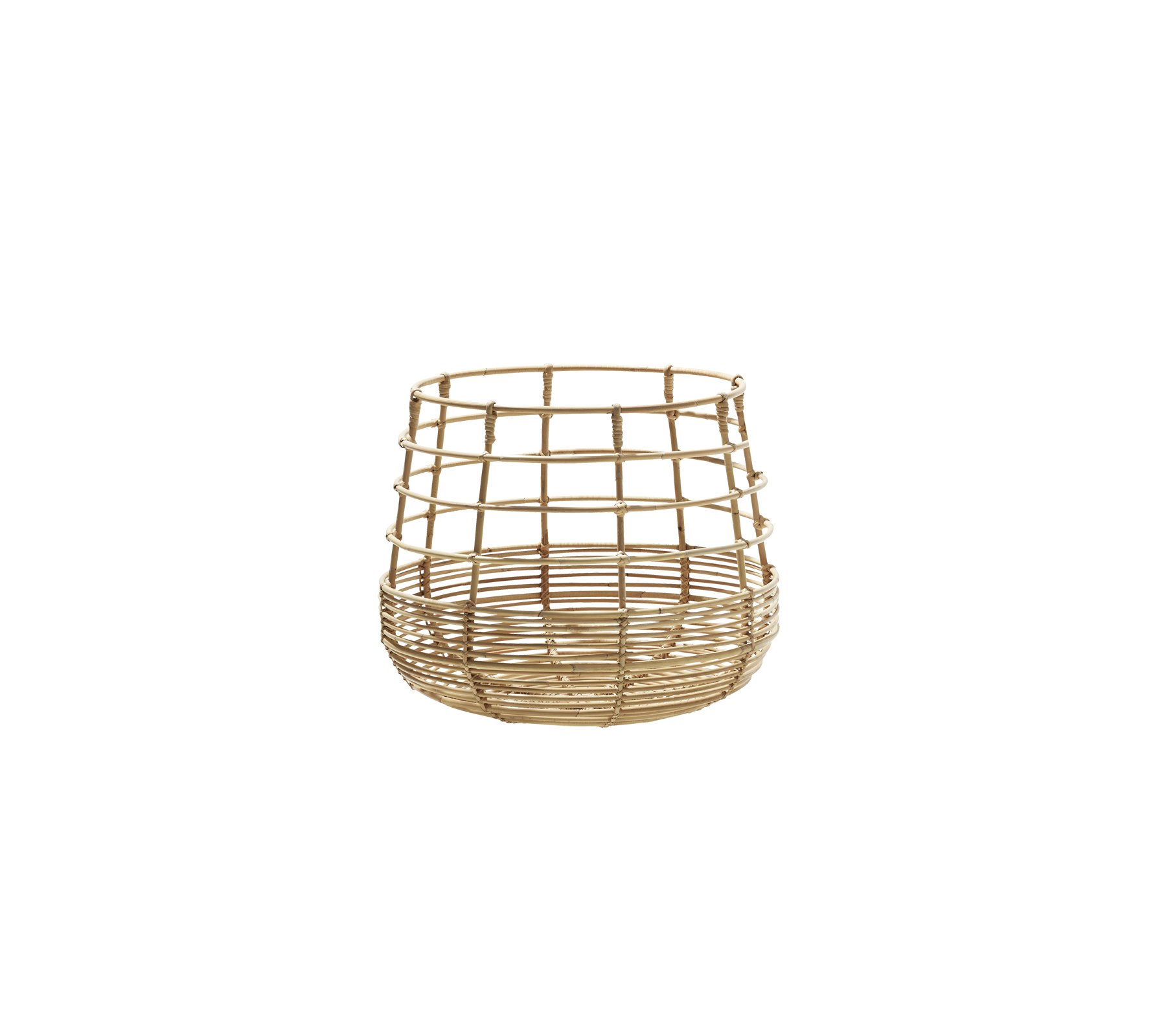 Panier rond tressé en finition naturelle, avec un motif en grille pour un rangement et une organisation élégants.