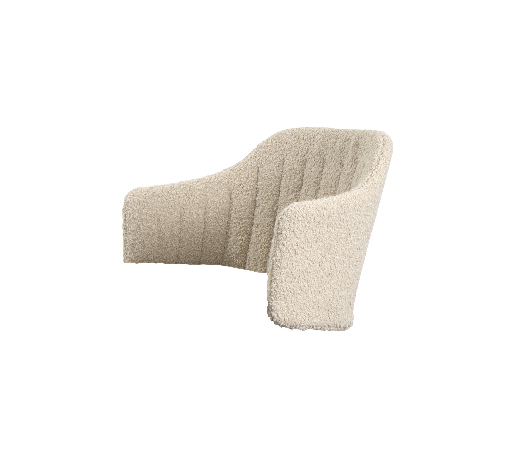 Fauteuil courbé rembourré en doux tissu crème avec des boutons verticaux, conçu pour le confort et l'esthétique moderne.
