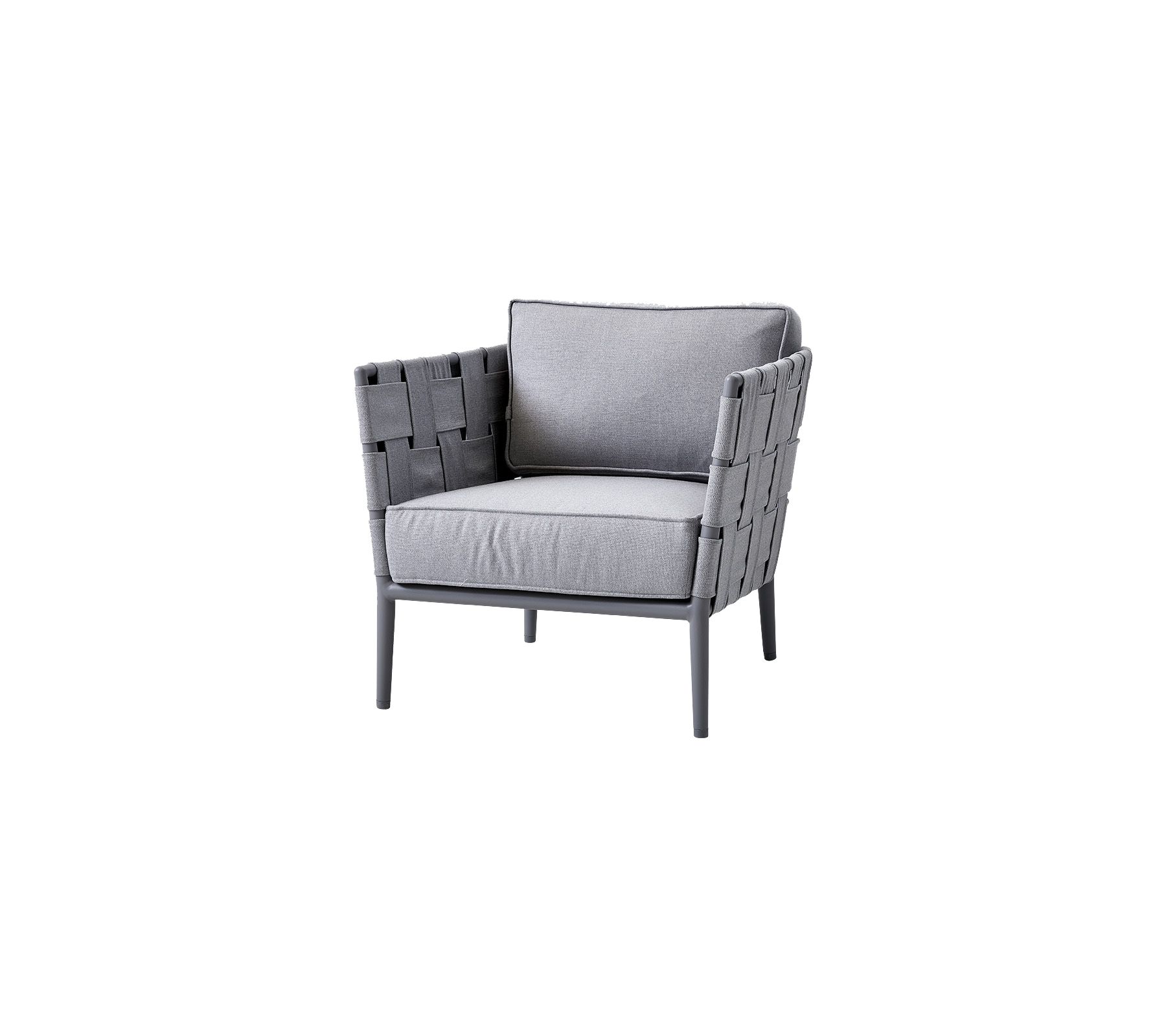 Fauteuil gris élégant avec des détails tissés et des coussins doux, conçu pour le confort et l'esthétique moderne. Parfait pour tout cadre.