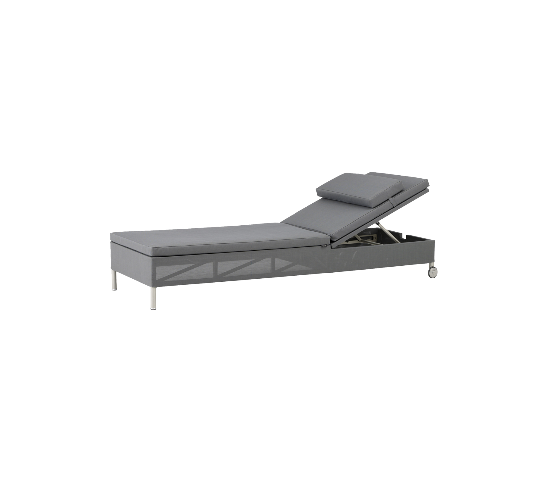 Chaise longue grise ajustable avec un dossier inclinable et un espace de rangement intégré, dotée d'un design épuré et de pieds métalliques.
