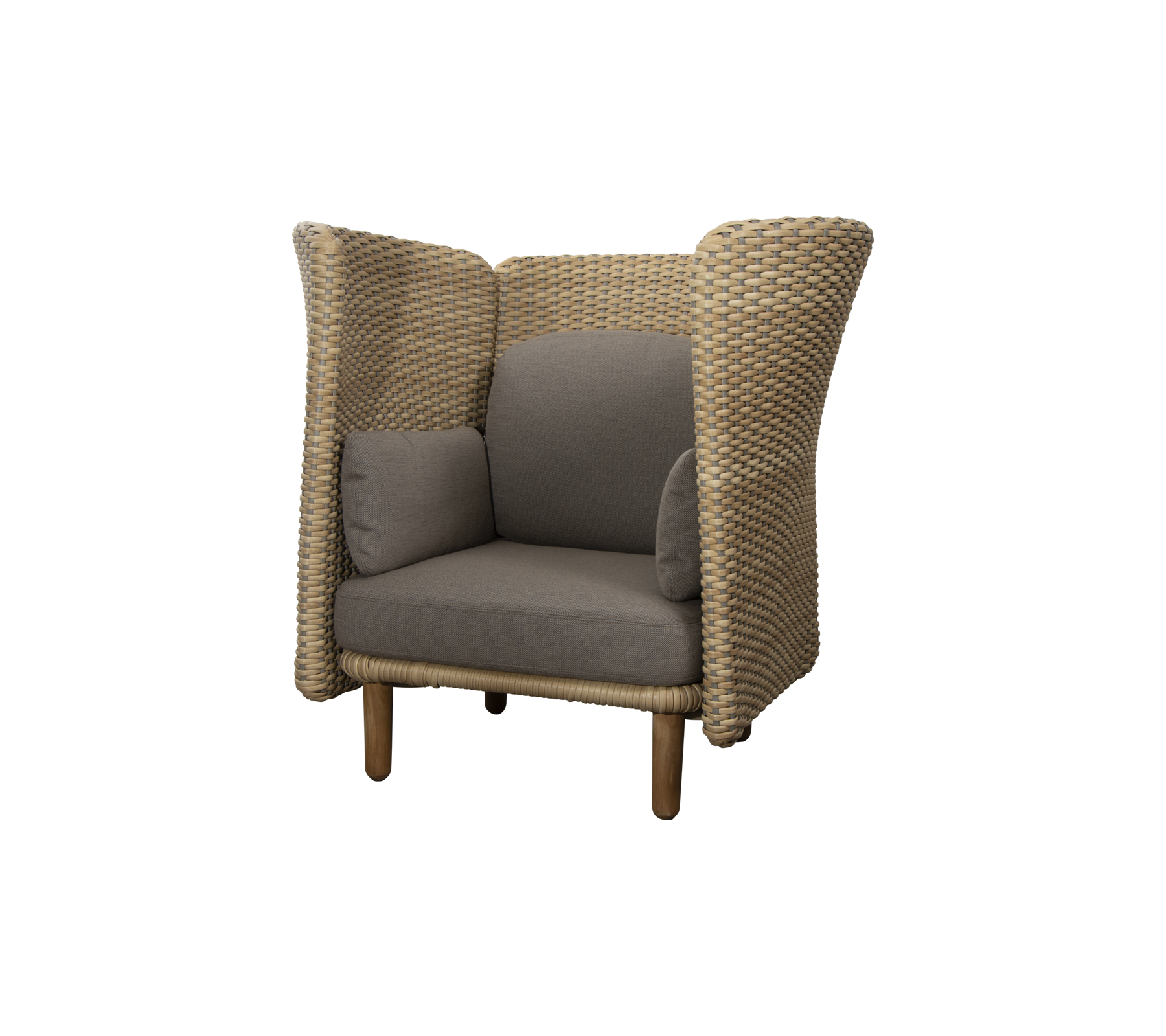 Fauteuil élégante avec un design tissé et des coussins gris moelleux, avec des côtés hauts pour plus de confort et d'intimité.