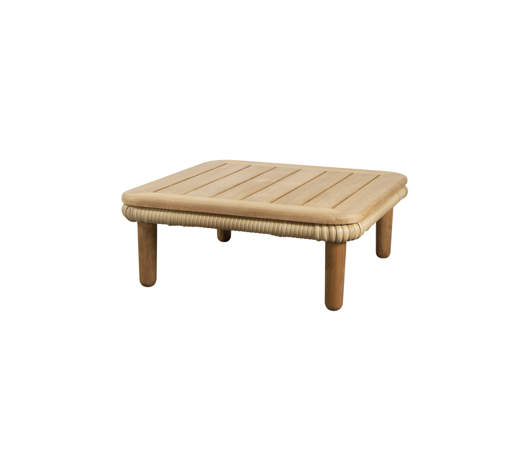 Une table simple et carrée avec un plateau à lattes et des bords arrondis, soutenue par quatre pieds robustes. Parfaite pour divers environnements.