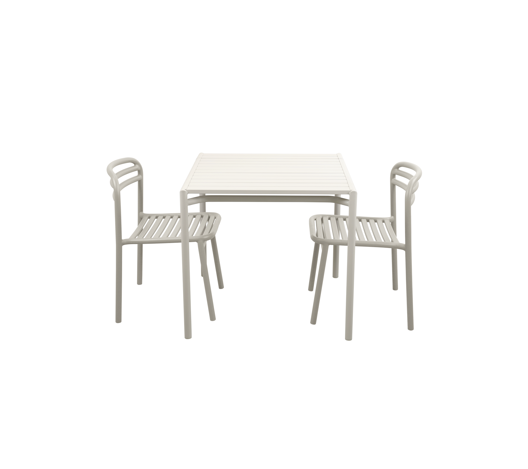 Table minimaliste avec deux chaises assorties, présentant un design simple et une finition de couleur claire.