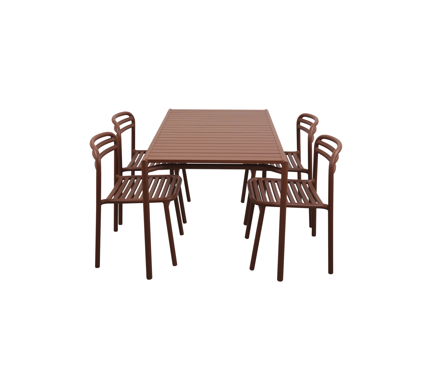 Table rectangulaire avec six chaises assorties, toutes présentant un design élégant en brun et des surfaces rainurées. Idéal pour les repas ou les rassemblements.
