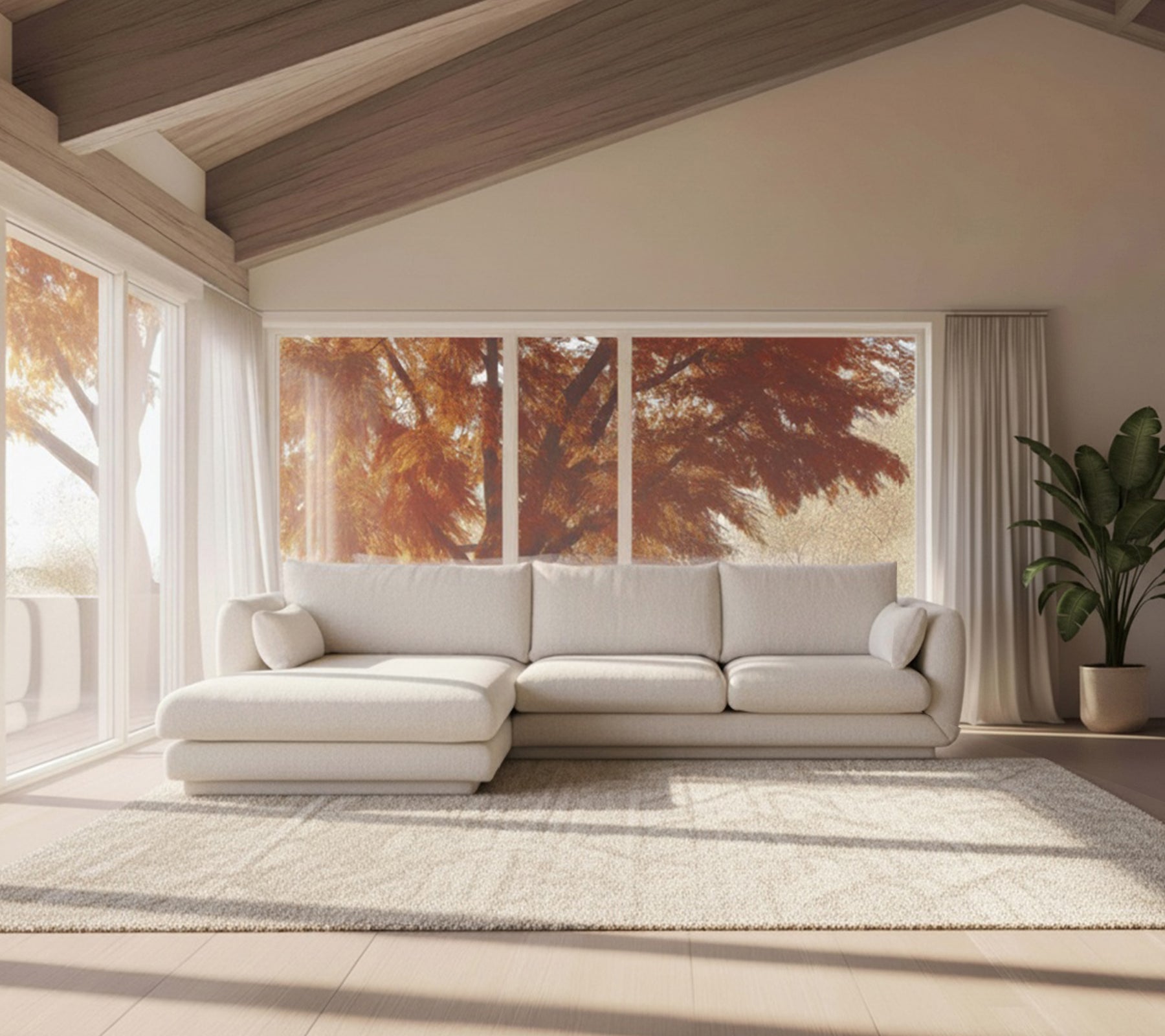 Canapé blanc moderne et tapis beige dans un cadre de salon minimaliste.