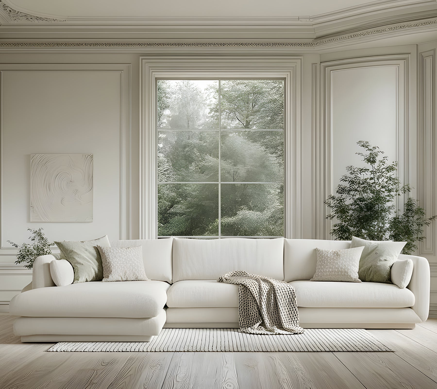 Sofa blanc moderne avec des coussins verts et un jeté gris dans un cadre de salon minimaliste.