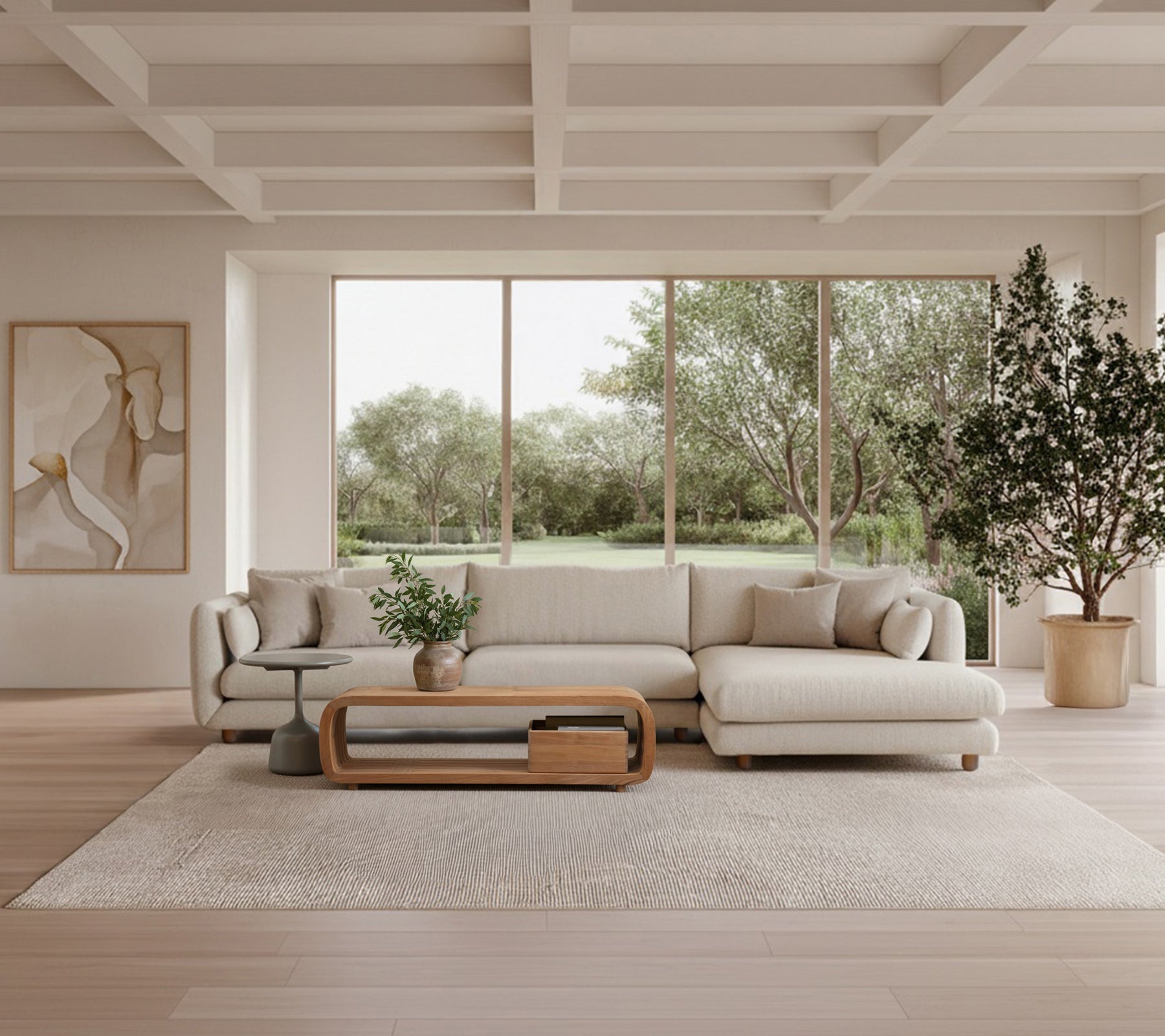 Salon moderne avec un canapé beige, une table basse en bois et une plante verte.