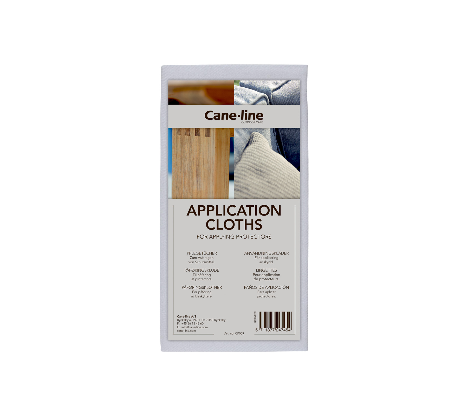 Chiffons d'application Cane-line pour la protection de surface, avec des instructions et des détails d'utilisation sur l'emballage.