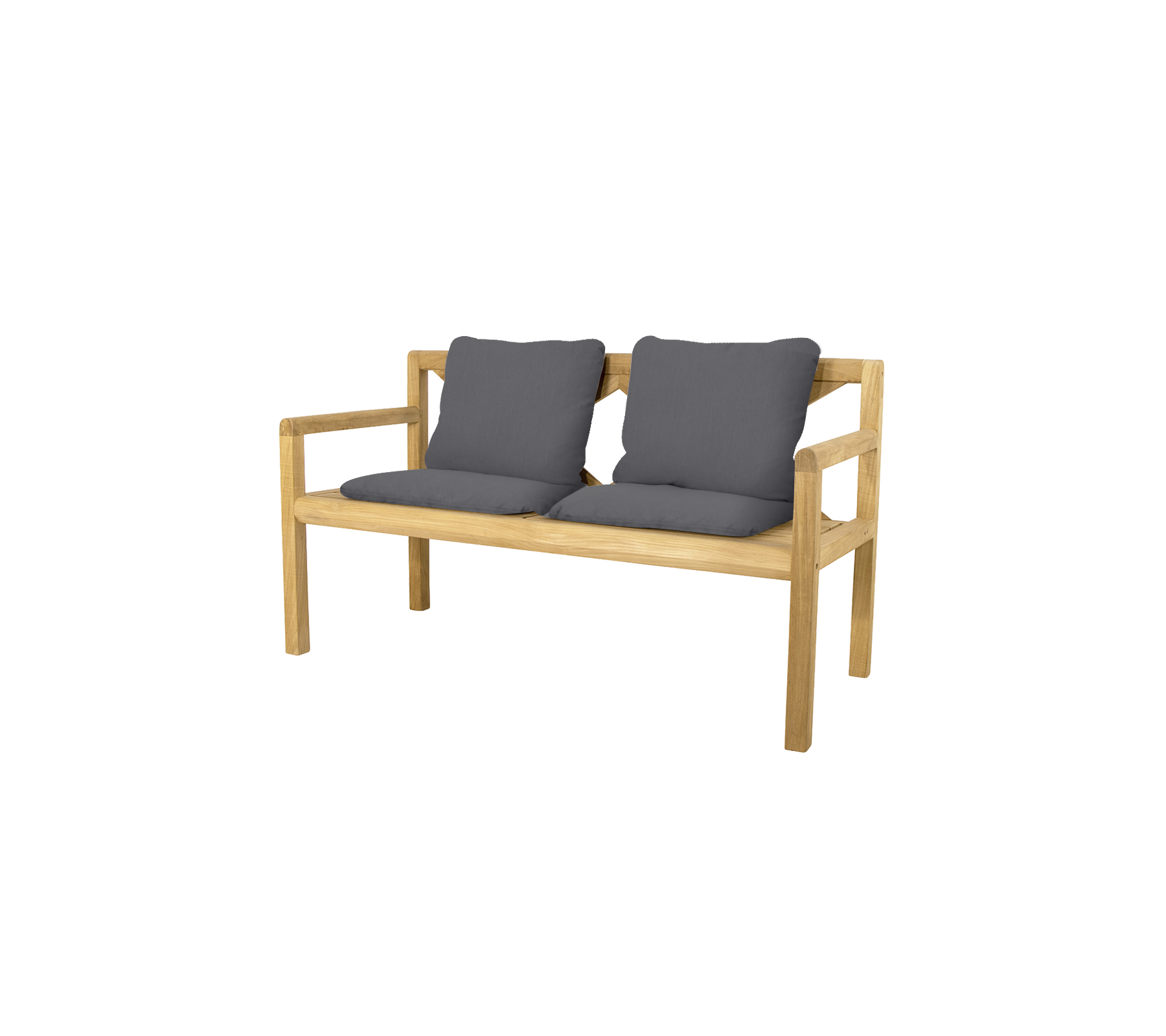 Banc élégant pour deux personnes avec un cadre en bois naturel et de doux coussins gris pour le confort. Parfait pour se détendre ou socialiser.
