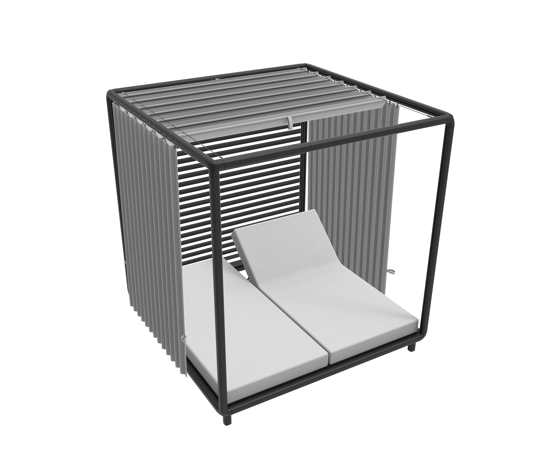 Cabane élégante avec un cadre épuré et deux sièges lounge confortables, idéaux pour la détente et le bronzage.