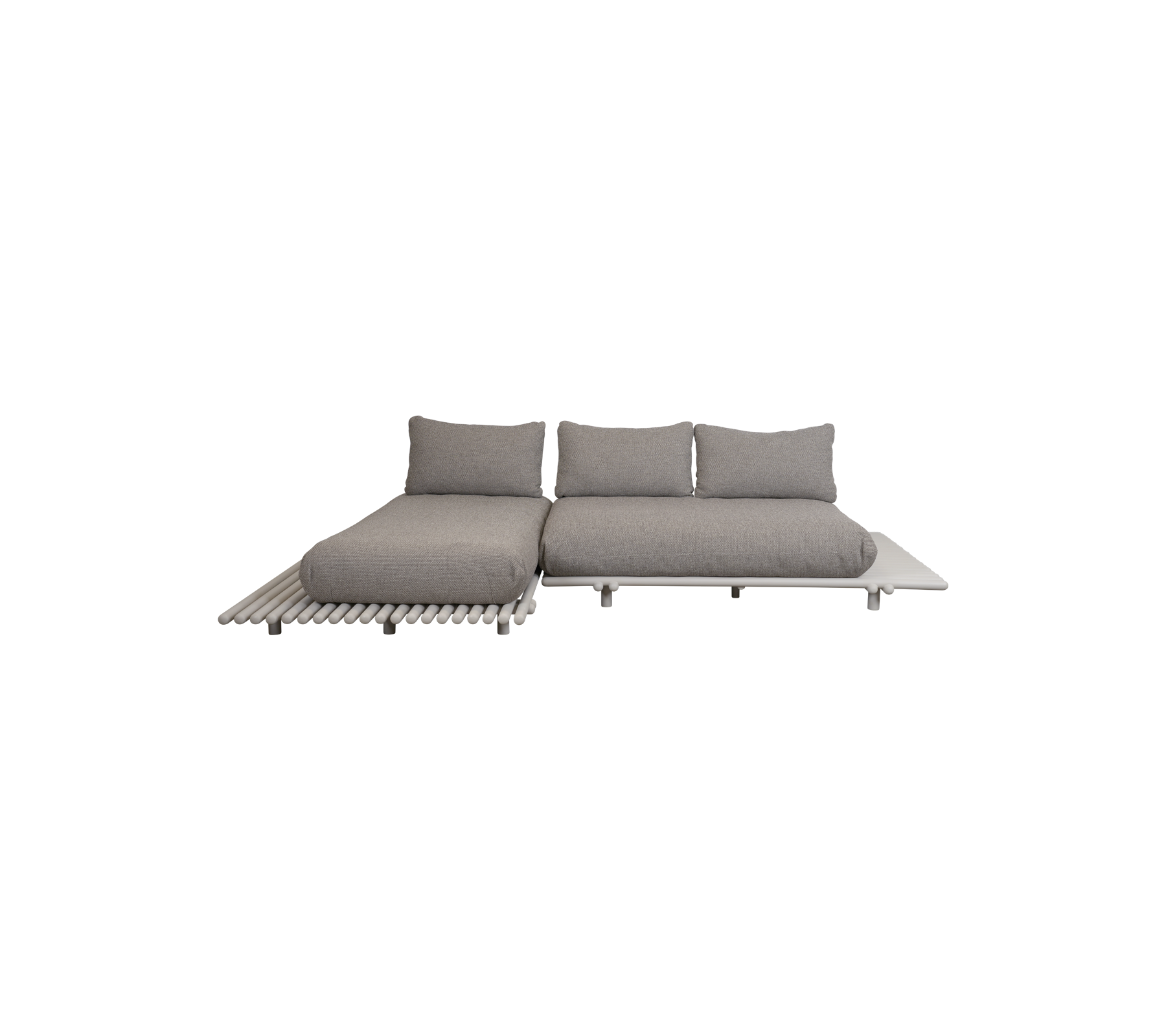 Design moderne de canapé sectionnel gris avec des coussins moelleux et une base en bois élégante, parfait pour des moments de détente stylés ou des rassemblements.