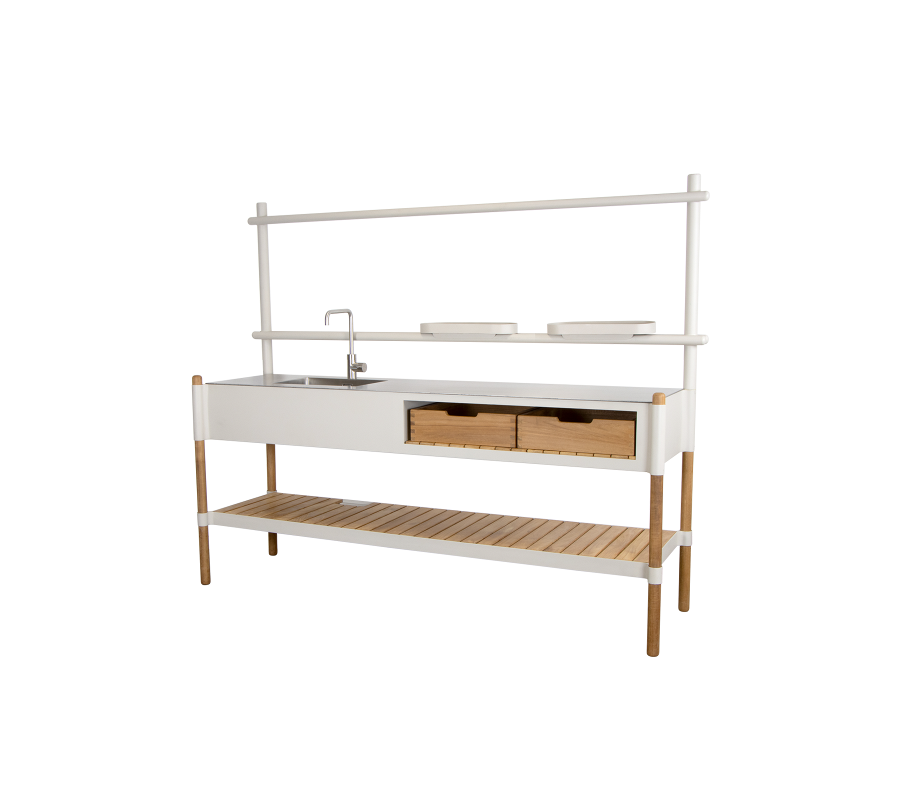 Unité de cuisine élégante avec un évier, deux tiroirs et une étagère ouverte pour le rangement, complétée par un design moderne.