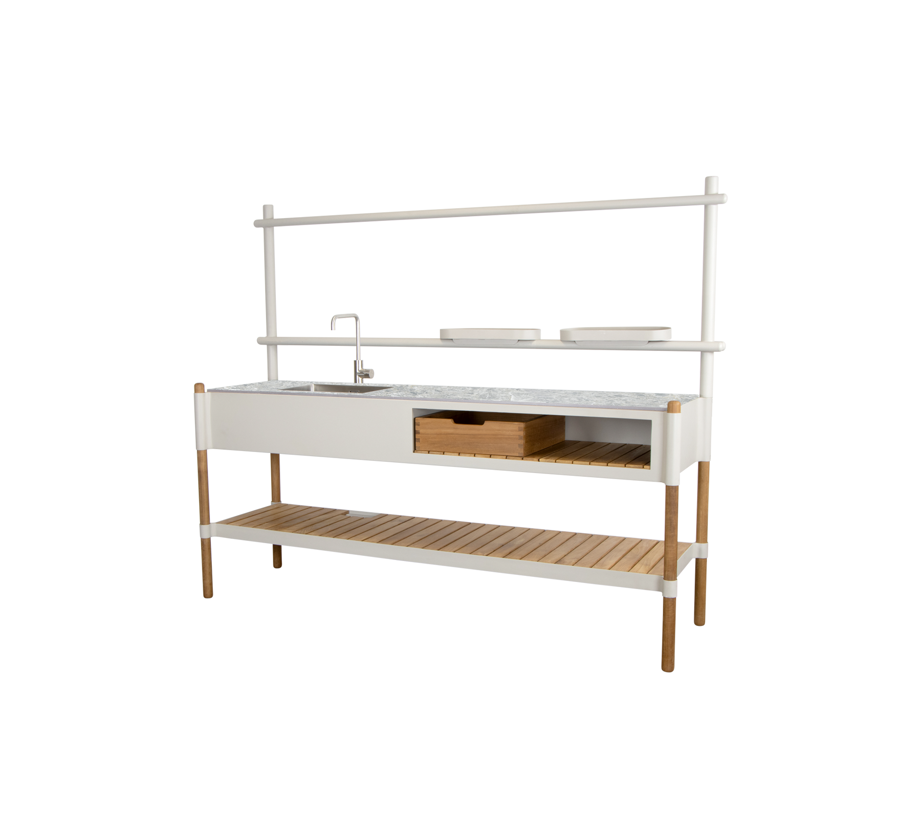 Unité de cuisine moderne avec un plan de travail en marbre, des tiroirs de rangement et une étagère ouverte soutenue par des pieds en bois.